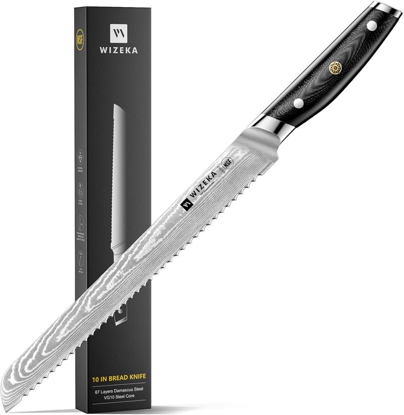 WIZEKA 10 inch Damascus Serrated Bread Knife for Homemade Bread: Razor Sharp VG10 Damascus Steel Multifunction Serrated Knife for Slicing Homemade Bread, Bagels, Cake - Image 1